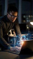 Young African American software developer working late on laptop with glowing digital interface elements and circuit patterns in modern office environment.