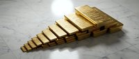 Golden bullion bars arranged in ascending staircase formation on marble floor representing wealth growth and financial investment success.