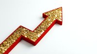 Upward trending arrow with red edges and gold glitter fill on white background, symbolizing growth, success, and financial progress for business presentations and marketing materials.