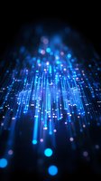 Glowing blue fiber optic lines with bokeh effects rising upward against dark background, creating futuristic network connection visualization pattern.