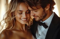 Romantic close-up of young couple in wedding attire sharing intimate moment. Bride with blonde wavy hair and groom in black tuxedo and bow tie against warm backlight.