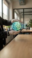 Businessman hands protecting glowing green eco leaf hologram in modern office environment representing sustainable business practices and environmental responsibility.
