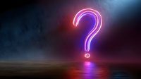 Glowing neon question mark reflecting on dark water surface with atmospheric fog and dramatic lighting effects, creating mysterious ambiance.