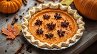 Homemade pumpkin pie decorated with star anise and cinnamon sticks on rustic wooden board, autumn pumpkins and fallen maple leaves create cozy atmosphere.