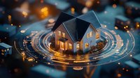 Glowing miniature house model on futuristic circular interface with digital elements and light effects, concept of smart home technology and real estate innovation.