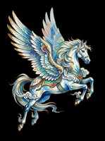 Ornate winged horse with flowing mane and tail, featuring blue, gold, and turquoise decorative details. Isolated on transparent background, ready for t-shirts, stickers, clipart, and print-on-demand designs.