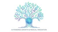 AI-powered growth and medical innovation concept with stylized tree featuring healthcare symbols, technology icons and modern buildings on white background.