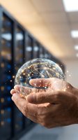 Male professional holding glowing digital globe with network data visualization in server room environment, representing global connectivity, cloud computing, and digital transformation technology solutions.