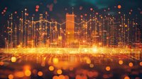 Futuristic digital cityscape with glowing orange data visualization and network connections against dark blue background.