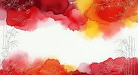 Vibrant red, pink and yellow watercolor ink wash with ornamental bamboo line art borders on white background for design projects.