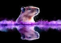 Curious capybara portrait with reflection in purple water against dark background, mystical nature photography with dramatic lighting and mirror effect.