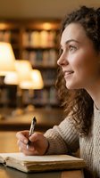 Young Caucasian woman with curly hair writing in notebook at library desk with warm lamp lighting and bookshelves in background for academic study concepts.