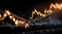 Financial trading chart with golden candlestick patterns and bokeh lights displaying market data analysis for investment and economic growth strategies.