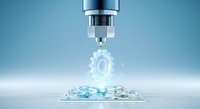 Precision CNC machine tool with rotating spindle head dispensing digital gear symbol onto circuit board, representing advanced manufacturing technology and industrial automation processes.