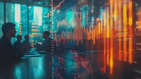 Financial market data visualization with silhouettes of traders analyzing charts and graphs in modern office space, dramatic orange and blue lighting creates dynamic atmosphere.