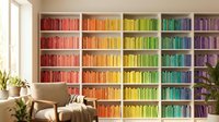 Rainbow organized bookshelf with color-coordinated books in modern home library interior. Vibrant spectrum arrangement for reading room design and organization.