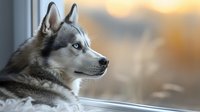 Siberian husky with blue eyes gazing thoughtfully through window at sunset, profile view of majestic dog with gray and white fur showing attentive expression.