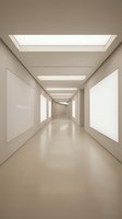 Modern minimalist corridor with clean lines and natural lighting from ceiling skylights creating bright contemporary hallway interior space.