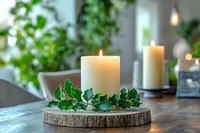 Burning white pillar candle on wooden slice with fresh holly leaves, creating cozy winter holiday atmosphere against blurred background with greenery.