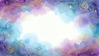 Dreamy watercolor background with golden swirls and stars in purple blue gradient. Magical celestial frame with copy space for text and design projects.