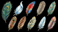 Feather collection featuring ten decorative plumes in various colors and patterns, isolated on transparent background. Ready for t-shirt design, clipart, stickers, sublimation, print-on-demand products and digital crafts.