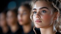 Young Caucasian woman with natural makeup and blonde hair in profile view against dark background with blurred diverse models, dramatic studio lighting highlights facial features.