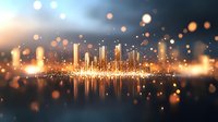 Glowing city skyline silhouette reflected in water with magical bokeh lights and particles creating dreamy atmospheric urban nightscape.