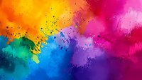 Vibrant rainbow colored powder explosion against dark background with paint splashes and dust particles creating dynamic abstract art composition.