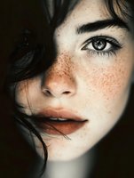 Close-up portrait of young woman with freckles and dark hair against dark background, showcasing natural beauty for cosmetic advertising.