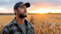 Young bearded farmer in plaid shirt and cap looking thoughtfully across golden wheat field at sunset during harvest season in rural countryside.