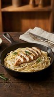 Grilled chicken breast sliced over creamy pasta in cast iron skillet with herbs and black pepper on rustic wooden table for dinner recipes.