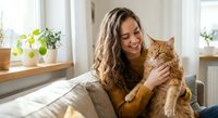 Young woman with curly hair cuddling orange tabby cat in bright modern living room with plants on windowsill, cozy home lifestyle moment.