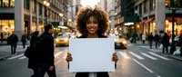 Young African American woman with curly hair holding blank white sign on busy city street at dusk with yellow taxi cabs and pedestrians in background.