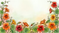 Watercolor nasturtium flowers border with orange, red and yellow blooms on soft pastel background, perfect for greeting cards and invitations.