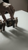 Hand selecting wooden figure from group around justice scales cube representing legal recruitment, law firm hiring, judicial selection process.