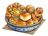 Assorted freshly baked bread rolls and pastries arranged in a decorative blue and white ceramic bowl on woven placemat, isolated on white background for bakery, food service, and culinary design projects.