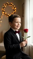 Young boy in black tuxedo with burgundy bow tie holding red rose, smiling by window with warm bokeh lights for Valentine's Day or formal event.