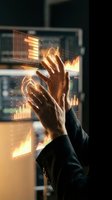 Businessman's hand glowing with golden energy interacting with digital financial data visualization, charts, and analytics on transparent screen display for business technology concepts.