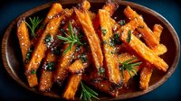 Glazed roasted carrots with fresh rosemary herbs in rustic wooden bowl. Caramelized orange vegetables seasoned with aromatic spices for healthy side dish recipes.