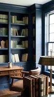 Elegant navy blue home library with built-in bookshelves, vintage wooden desk, leather chair and brass lamp creating sophisticated reading space.