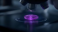 Microscope lens examining glowing purple bacterial culture on petri dish against dark background, dramatic scientific research lighting for laboratory studies.