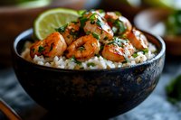 Grilled shrimp with herbs and spices served over steamed white rice in rustic black bowl, garnished with fresh cilantro and lime wedges, close up food photography.