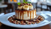 Decadent cheesecake topped with fresh banana slices, caramel drizzle and candied pecans served on white plate, garnished with mint leaves. Restaurant dessert.