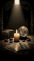 Mystical fortune telling setup with tarot cards, crystal ball, burning candle and gemstones in atmospheric dungeon setting for spiritual divination practices.