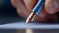 Close-up view of fountain pen nib writing on paper, showing metallic gold and silver details against blurred background, capturing moment of creative writing or signing.