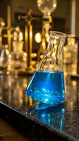 Glass laboratory flask with bright blue chemical solution on dark surface with warm golden bokeh lights in modern research facility background.