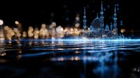 Glowing blue mosque silhouette reflected in water with bokeh lights creating magical atmosphere. Digital art visualization for religious and spiritual designs.
