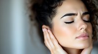 Young Hispanic woman with closed eyes and natural makeup touching face gently against soft blurred background, expressing serenity and wellness in beauty and skincare concept.