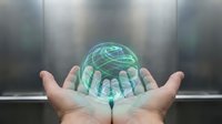 Hands holding glowing green holographic Earth globe with digital network connections in futuristic environment for technology and sustainability concepts.