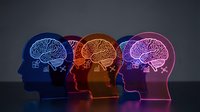 Three human head silhouettes with glowing neon brain outlines in blue, orange and pink colors representing neuroscience, psychology and mental health concepts.